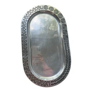 Silver Oval Serving Tray with Geometric Patterns